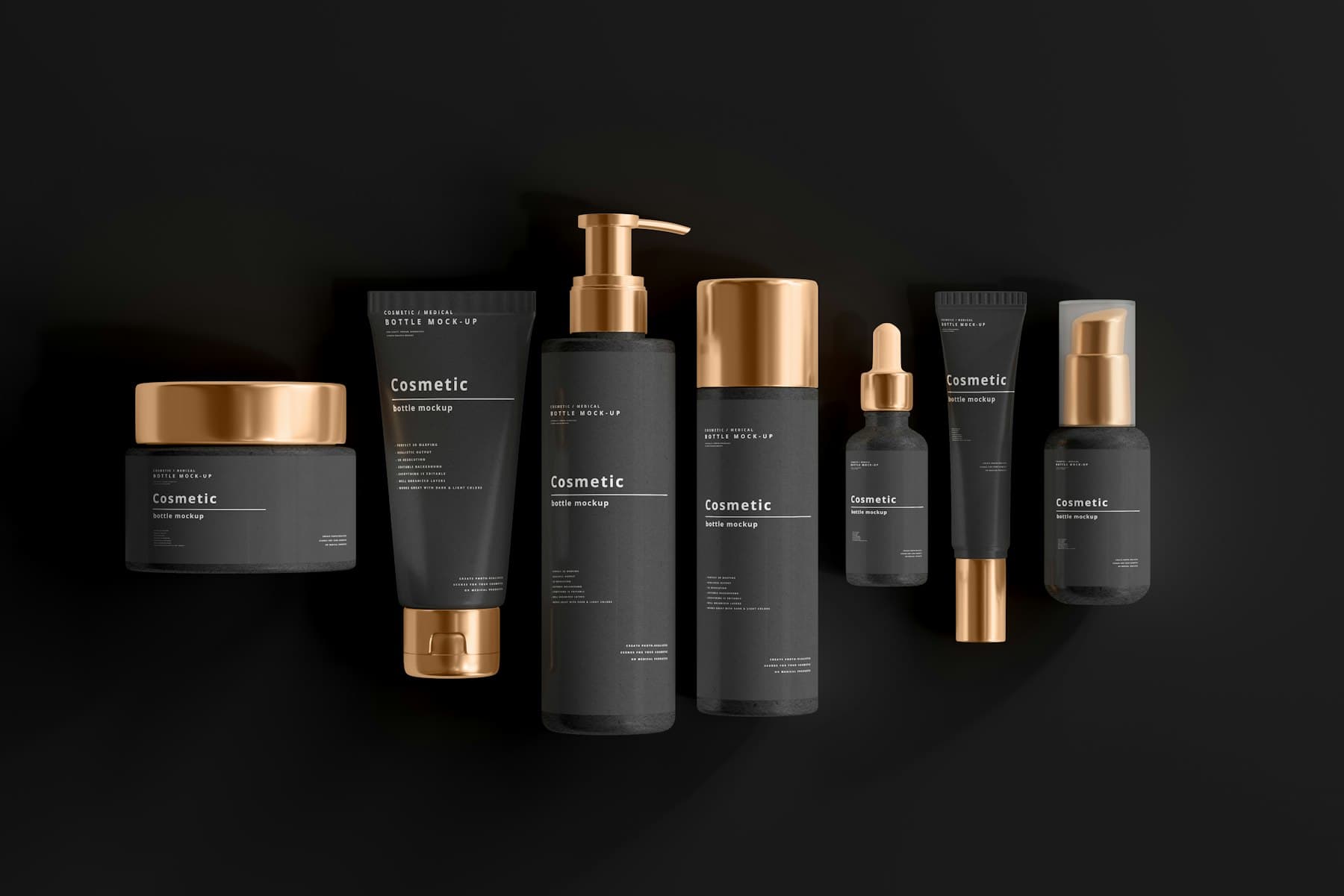 Flaconi, vasetti e tubetti cosmetici neri e oro